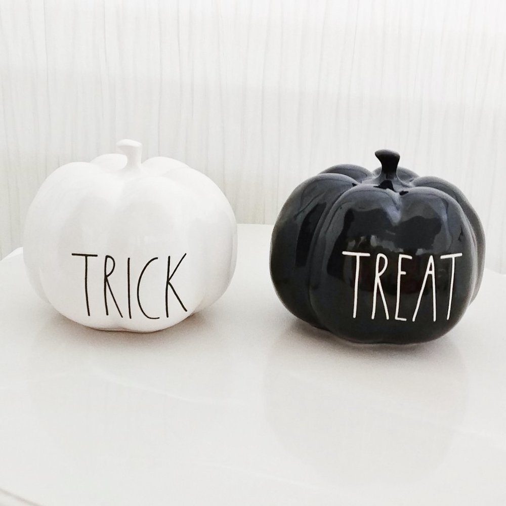 Rae Dunn Halloween Pumpkin Set of 2 Trick Treat White Black SHINY !!